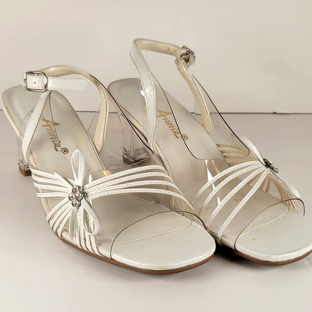 Annie White Slingback Sandals 6M Open Toe Clear Heel Strappy Bow Rhinestones